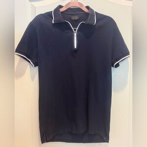 ZARA MAN Short Sleeve Polo 1/4 Zip Cotton Shirt Small Navy